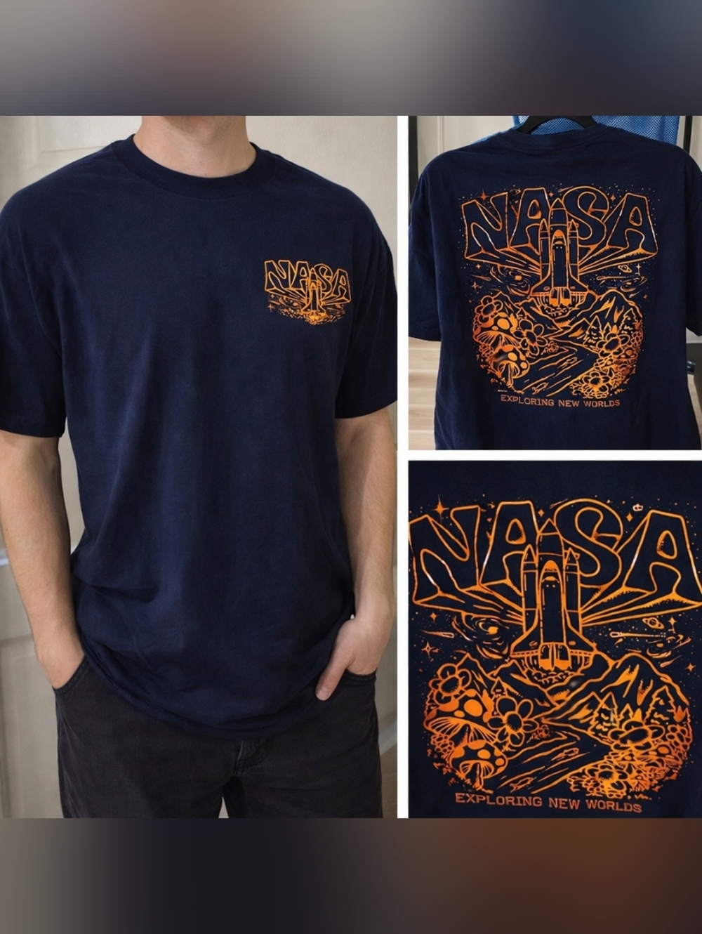 NASA Graphic Tee Navy Blue Orange Back Print “Exploring New Worlds” Space Shirt